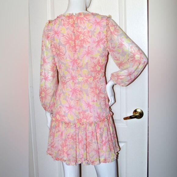 LIKELY | Mia Dress in Peach/ Pink Floral Mini Ruffle Dress Size 6 - Picture 4 of 6